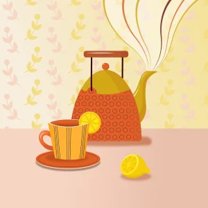 Steaming teapot, cup of tea with a slice of lemon on a table with pretty floral wallpaper in the background